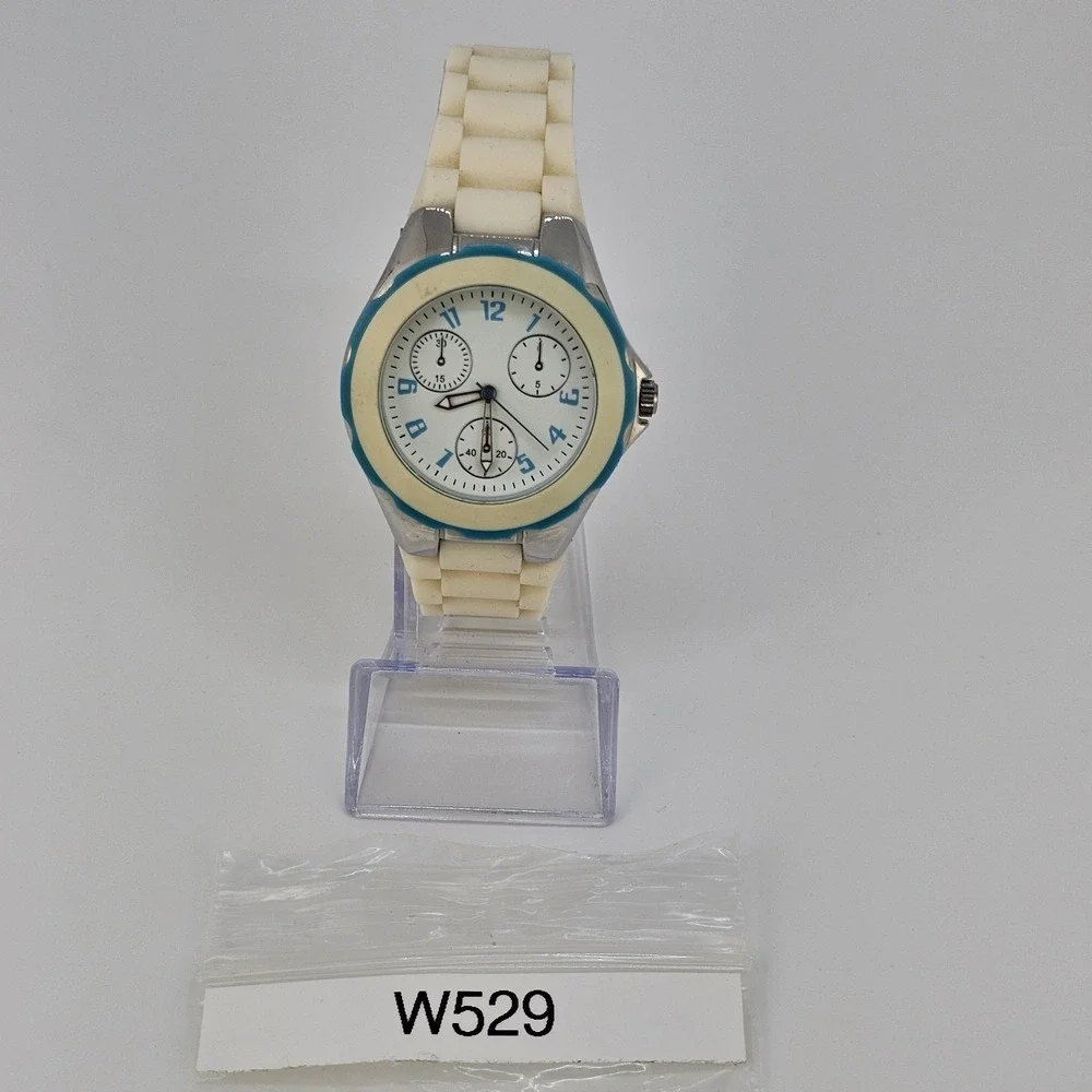 Unisex Analog Watch 40MM White Dial Cream Plastic Bands New Battery‎